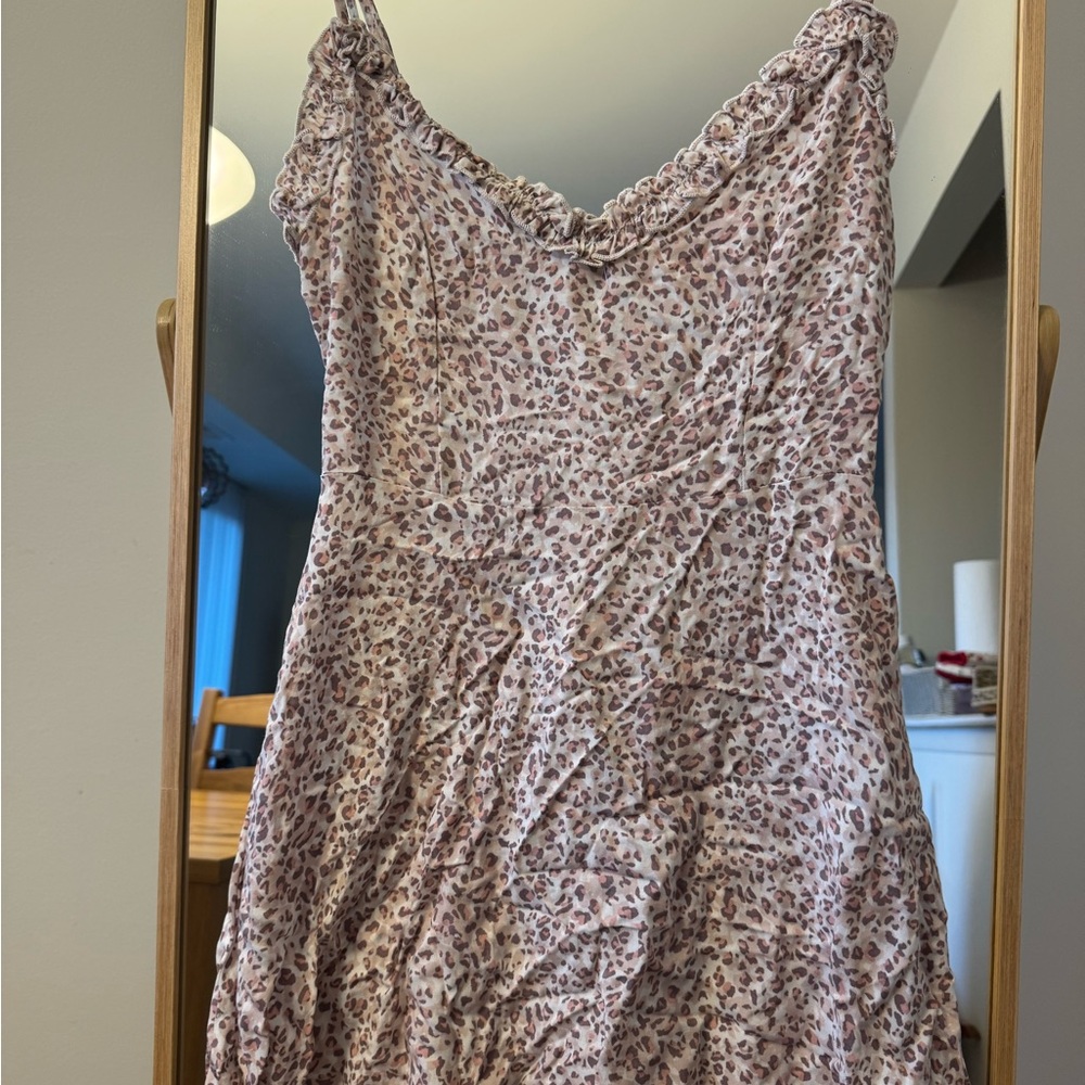 Blue Blush Leopard Print Rayon Dress Small Spaghetti Strap Summer Mini